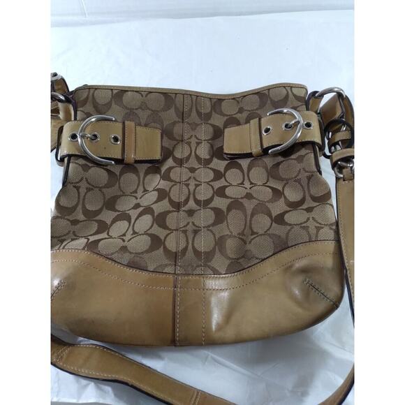 Coach Signature Soho Duffle Shoulder Handbag Jacquard Canvas Leather Trim Purse - Picture 1 of 11